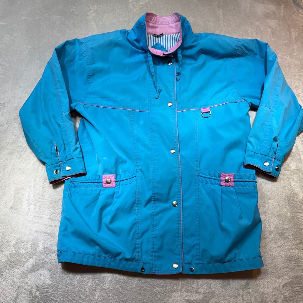 Vintage 90s Dew-Cast Blue Pink Windbreaker Parka Jacket Women's Size M Oversized